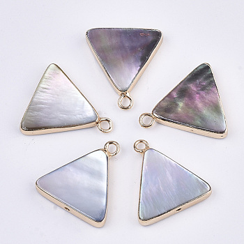 Natural Black Lip Shell Pendants, with Edge Brass Golden Plated and Iron Loops, Half Drilled, Triangle, 18.5x17x3.5mm, Hole: 1~1.8mm