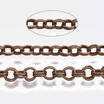 Iron Rolo Chains, Double Link Chains, Unwelded, with Spool, Red Copper, Link: 4x0.6mm, about 164.04 Feet(50m)/roll