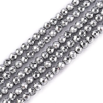 Non-Magnetic Synthetic Hematite Beads Strands, Faceted, Round, Silver Plated, 2mm, Hole: 1mm, about 203pcs/strand, 15.7 inch
