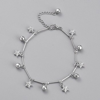 Brass Textured Star Charm Anklets, with Bar Link Chains and Bell Charms, Platinum, 8-7/8 inch(22.5cm)