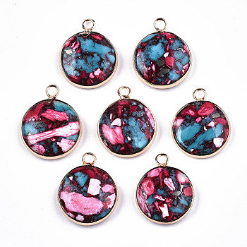 Flat Round Assembled Synthetic Turquoise and Natural Regalite/Imperial Jasper Pendants, with Iron Loop and Brass Edge, Light Gold, Dyed, Cerise, 22x18x5~6mm, Hole: 2mm