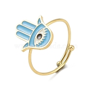 Hamsa Hand with Eye 304 Stainless Steel Enamel Ring, 316 Surgical Stainless Steel Open Cuff Ring for Women, Real 18K Gold Plated, Adjustable(RJEW-A038-01G)