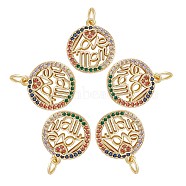 5Pcs Brass Micro Pave Colorful Cubic Zirconia Pendants, Nickel Free, Flat Round, Real 18K Gold Plated, 16x14x2mm, Hole: 3mm(ZIRC-SZ0003-25)