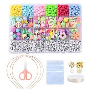 DIY Cute Colorful Beads & Pendants Kid Jewelry Set Making Kit, Including Opaque Acrylic Beads & Pendants, Iron Hair Band Findings, Plastic Ear Nuts, Scissors, 304 Stainless Steel Jump Rings & Clasps & Bead Tip, Elastic Thread, Mixed Color, Beads & Pendant: about 1150pcs/set(DIY-LS0004-05)