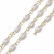 Handmade Plastic Pearl Oval Beaded Chains, with Rack Plating Brass Findings, Unwelded, with Card Paper, Golden, 14~16x3mm(CHC-C026-16)
