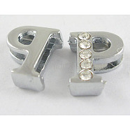 Alloy Initial Slide Beads, Rhinestone Slide Charms, with Five Clear Rhinestone Beads, Lead Free & Nickel Free, Platinum Color, Letter.P, 11x10x4.5mm, Hole: 1.5x8mm(X-ZP1P-NLF)
