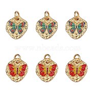 6Pcs 2 Style Rack Plating Brass Enamel Pendants, with Jump Rings, Cadmium Free & Lead Free & Nickle Free, Flat Round with Butterfly, Real 18K Gold Plated, 12.5x11x1.5mm, Hole: 3.4mm, 3pcs/style(KK-SZ0006-13)