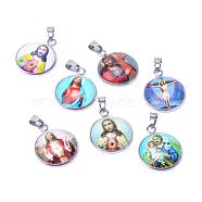 Jesus Theme Glass Pendants, with 201 Stainless Steel Findings, Flat Round, Mixed Color, 26.5x22x6.5mm, Hole: 6x4mm(GLAA-R187-P)