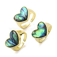 Natural Shell Heart Open Cuff Ring, Brass Finger Ring, Real 14K Gold Plated, Inner Diameter: 16.8mm(RJEW-H220-02G)
