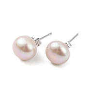 Natural Pearl Round Bead Stud Earrings, with Real Platinum Plated 925 Sterling Silver Findings, Thistle, 17x8~9mm(EJEW-E298-01E-03P)