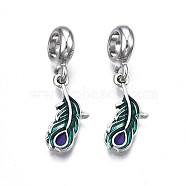 Rack Plating Alloy Enamel European Dangle Charms, Large Hole Pendants, Cadmium Free & Nickel Free & Lead Free, Feather, Platinum, Teal, 27.5mm, Hole: 5mm, Feather: 12x12x5.5mm(MPDL-N039-039)