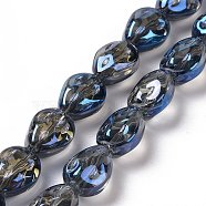 Transparent Electroplate Glass Beads Strands, Rainbow Plated, Teardrop, Steel Blue, 11x9x6.6mm, Hole: 1.1mm, about 55pcs/strand, 24.25 inch(61.6cm)(GLAA-C025-02M)