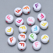 Craft Acrylic Horizontal Hole Letter Beads, Flat Round, Mixed Color, Letter.F, 7x3.5~4mm, Hole: 1.5mm, about 3600pcs/500g(SACR-S201-11F)