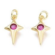 Brass Micro Pave Cubic Zirconia Charms, with Jump Ring, Stars, Golden, Hot Pink, 13.5x7.5x2.5mm, Hole: 1.5mm, Jump rings: 3.5x0.8mm(KK-M206-29G-03)