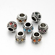 Antique Silver Plated Alloy Rhinestone European Beads, Large Hole Rondelle Beads, Mixed Color, 10x8mm, Hole: 5mm(CPDL-J031-AS)