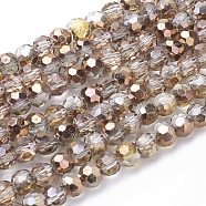 Faceted(32 Facets) Round Half Plated Electroplate Glass Beads Strands, Copper Plated, 4mm, Hole: 1mm, about 88~90pcs/strand, 28~30cm(X-EGLA-J042-4mm-H03)