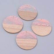 Resin & Wood Pendants, Two Tone, Flat Round, Pink, 38x2~3mm, Hole: 2mm(RESI-R428-03B)