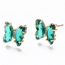 Cubic Zirconia Butterfly Stud Earrings with Glass, Brass Jewelry for Women, Long-Lasting Plated, Light Gold, Light Sea Green, 10x11.5mm, Pin: 0.7mm(KK-S365-003E)