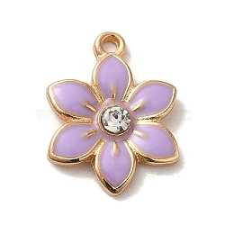 Flower Alloy Enamel Pendants, with Rhinestone, Light Gold, Lilac, 17x13x3mm, Hole: 1.5mm(ENAM-A007-06KCG-03)