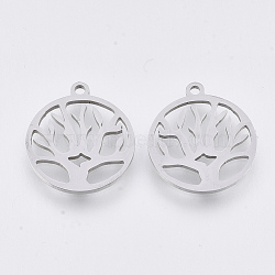 201 Stainless Steel Pendants, Laser Cut Pendants, Flat Round with Tree of Life, Stainless Steel Color, 17.5x15.5x1mm, Hole: 1.4mm(STAS-T044-102P)