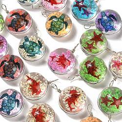 Transparent Glass Pendants, with Dried Flower Animal inside, Half Round, Mixed Color, 28.5x20x15.5mm, Hole: 4mm(GLAA-M048-02)