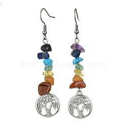 Natural & Synthetic Mixed Stone Chips Dangle Earrings, Tibetan Style Alloy Tree of Life Drop Earrings with 316 Surgical Stainless Steel Pins, Flat Round, 66x16mm(EJEW-JE05390-02)