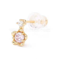 Pink Cubic Zirconia Sakura Stud Earrings for Women, Dainty Brass Earrings with Screw Back Ball Tragus, Golden, 8x5.5x2.3mm, Pin: 0.7mm(EJEW-A065-05G)