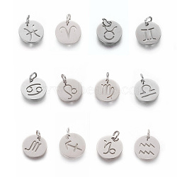 304 Stainless Steel Pendants, Flat Round with Twelve Constellation/Zodiac Sign, 12 Constellations, 12x1mm, Hole: 3mm, 12pcs/set(STAS-Q201-T445-M-S)