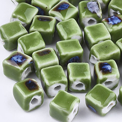 Handmade Porcelain Beads, Fancy Antique Glazed Porcelain, Cube, Green, 8x7.5~8x7.5~8mm, Hole: 1.5~2mm(PORC-S498-37E)