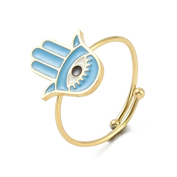 Hamsa Hand with Eye 304 Stainless Steel Enamel Ring, 316 Surgical Stainless Steel Open Cuff Ring for Women, Real 18K Gold Plated, Adjustable