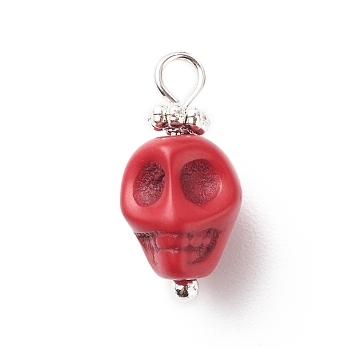 Synthetic Turquoise Pendants, with Silver Tone Brass Findings, Halloween Skull Charm, Dyed, Red, 17x8x9mm, Hole: 2.6mm