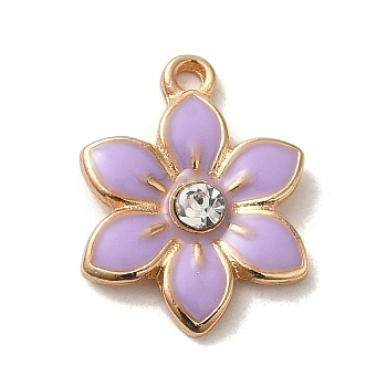 Flower Alloy Enamel Pendants, with Rhinestone, Light Gold, Lilac, 17x13x3mm, Hole: 1.5mm