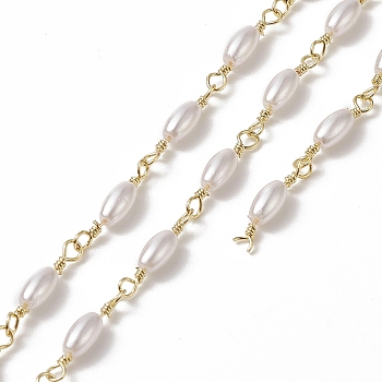 Handmade Plastic Pearl Oval Beaded Chains, with Rack Plating Brass Findings, Unwelded, with Card Paper, Golden, 14~16x3mm