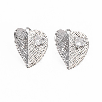 Brass Micro Pave Clear Cubic Zirconia Pendants, Nickel Free, Heart, Real Platinum Plated, 16.5x14x5mm, Hole: 1mm