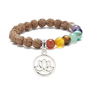 Natural Rudraksha Wood & Mixed Gemstone Stretch Bracelet with Alloy Lotus Charm, 7 Chakra Jewelry for Women, Inner Diameter: 2 inch(5cm)