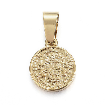 Vacuum Plating 304 Stainless Steel Coin Pendants, Hispan Et Ind Rex Coin, Golden, 14x11x2mm, Hole: 5x7mm