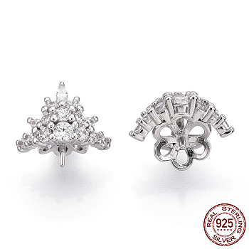 Rhodium Plated 925 Sterling Silver Micro Pave Cubic Zirconia Peg Bails, Crown, For Half Drilled Beads, Nickel Free, with S925 Stamp, Real Platinum Plated, 10x12.5x9mm, Hole: 3.5x4.5mm, Pin: 0.7mm