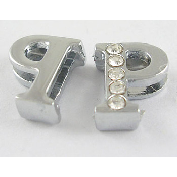 Alloy Initial Slide Beads, Rhinestone Slide Charms, with Five Clear Rhinestone Beads, Lead Free & Nickel Free, Platinum Color, Letter.P, 11x10x4.5mm, Hole: 1.5x8mm