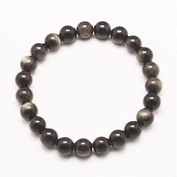 Grade AA Natural Golden Sheen Obsidian Beaded Stretch Bracelets, 2-3/8 inch(59mm)