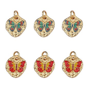 6Pcs 2 Style Rack Plating Brass Enamel Pendants, with Jump Rings, Cadmium Free & Lead Free & Nickle Free, Flat Round with Butterfly, Real 18K Gold Plated, 12.5x11x1.5mm, Hole: 3.4mm, 3pcs/style