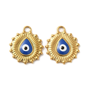 201 Stainless Steel Enamel Pendants, Flat Round with Teardrop & Evil Eye Charm, Real 18K Gold Plated, 18x15.5x2mm, Hole: 2.2mm