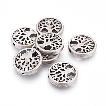Alloy Beads, Flat Round with Tree of Life, Lead Free & Nickel Free & Cadmium Free, Thailand Sterling Silver Plated, 18x4mm, Hole: 1.5mm