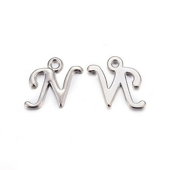 Platinum Plated Alloy Letter Pendants, Rack Plating, Cadmium Free & Lead Free, Letter.N, 13x11x2mm, Hole: 1.5mm