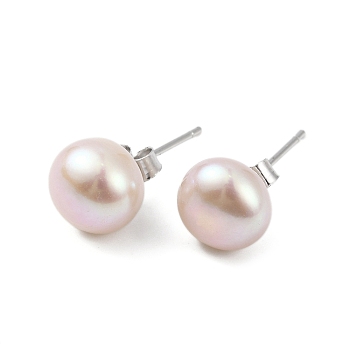 Natural Pearl Round Bead Stud Earrings, with Real Platinum Plated 925 Sterling Silver Findings, Thistle, 17x8~9mm