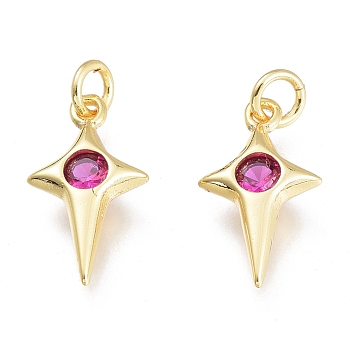 Brass Micro Pave Cubic Zirconia Charms, with Jump Ring, Stars, Golden, Hot Pink, 13.5x7.5x2.5mm, Hole: 1.5mm, Jump rings: 3.5x0.8mm