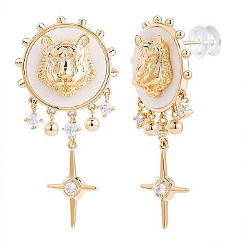 Clear Cubic Zirconia Lion with Cross Dangle Earrings with Enamel, Golden Brass Jewelry for Women, White, 42.5x21mm, Pin: 0.8mm