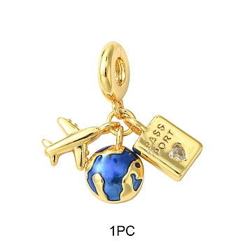 1Pc Travel Theme Brass Clear Cubic Zirconia European Dangle Charms, Enamel Earth & Plane & Passport Large Hole Pendants, Real 18K Gold Plated, Long-Lasting Plated, Cadmium Free & Lead Free, Blue, 27mm, Hole: 4.5mm