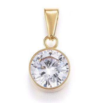Cubic Zirconia Charms, with 201 Stainless Steel Findings, Flat Round, Clear, Golden, 15x11x7mm, Hole: 8x3.5mmm