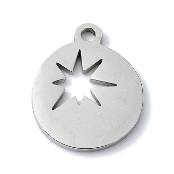 304 Stainless Steel Pendants, Laser Cut, Flat Round with Star Charm, Stainless Steel Color, 15.5x12.5x1mm, Hole: 1.5mm