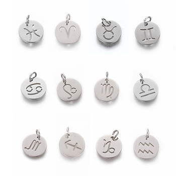 304 Stainless Steel Pendants, Flat Round with Twelve Constellation/Zodiac Sign, 12 Constellations, 12x1mm, Hole: 3mm, 12pcs/set